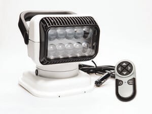 Portable white Golight RadioRay with wireless handheld remote control